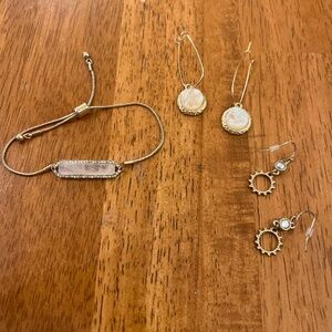 Jewelry Set- pink quartz bracelet, pink opal dangle earrings, Gold and Crystal